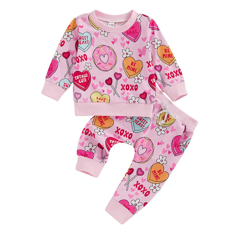 Infant/Toddler Love Floral Print Long Sleeve Pullover/Trousers Two-piece Set