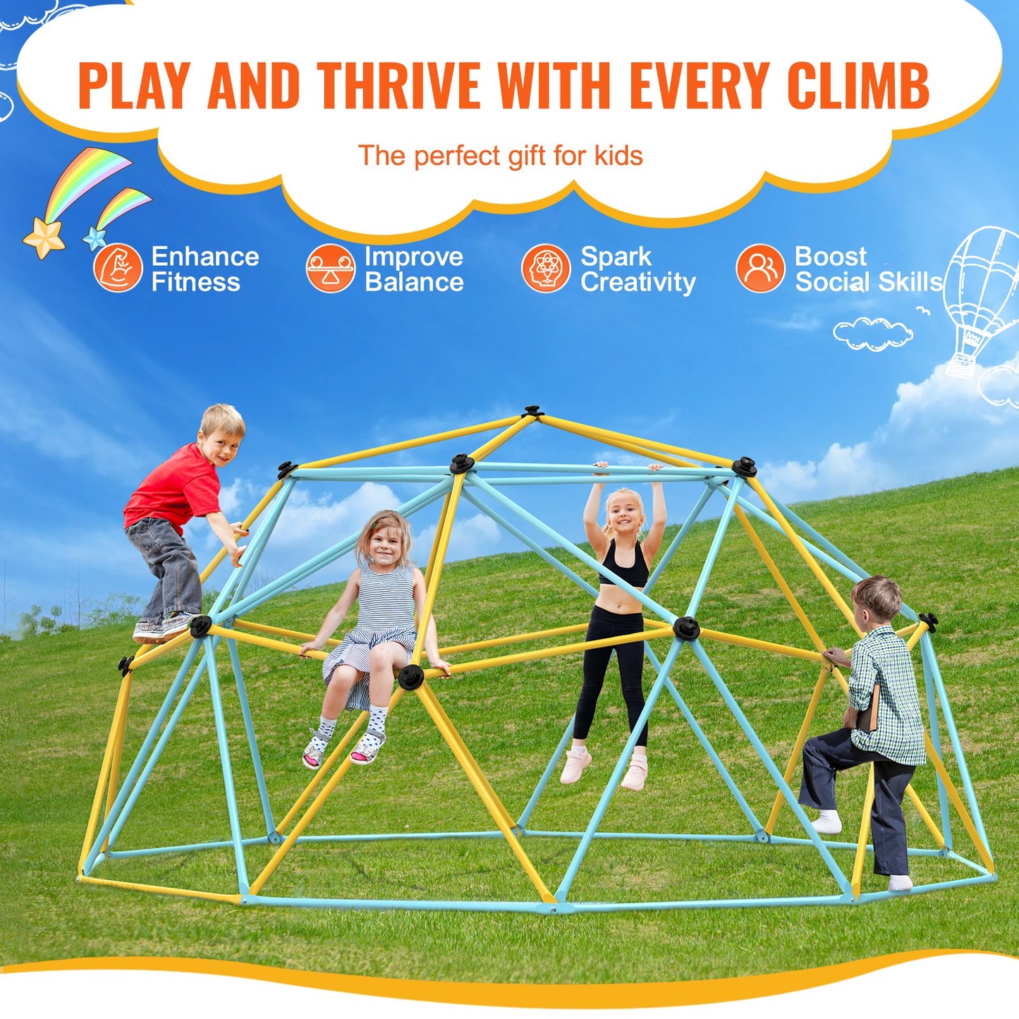 Jungle Gym, 12FT Geometric Dome Climber Play Center, For Kids 3 To 10 Years Old, Supports 750LBS With Climbing Grip,