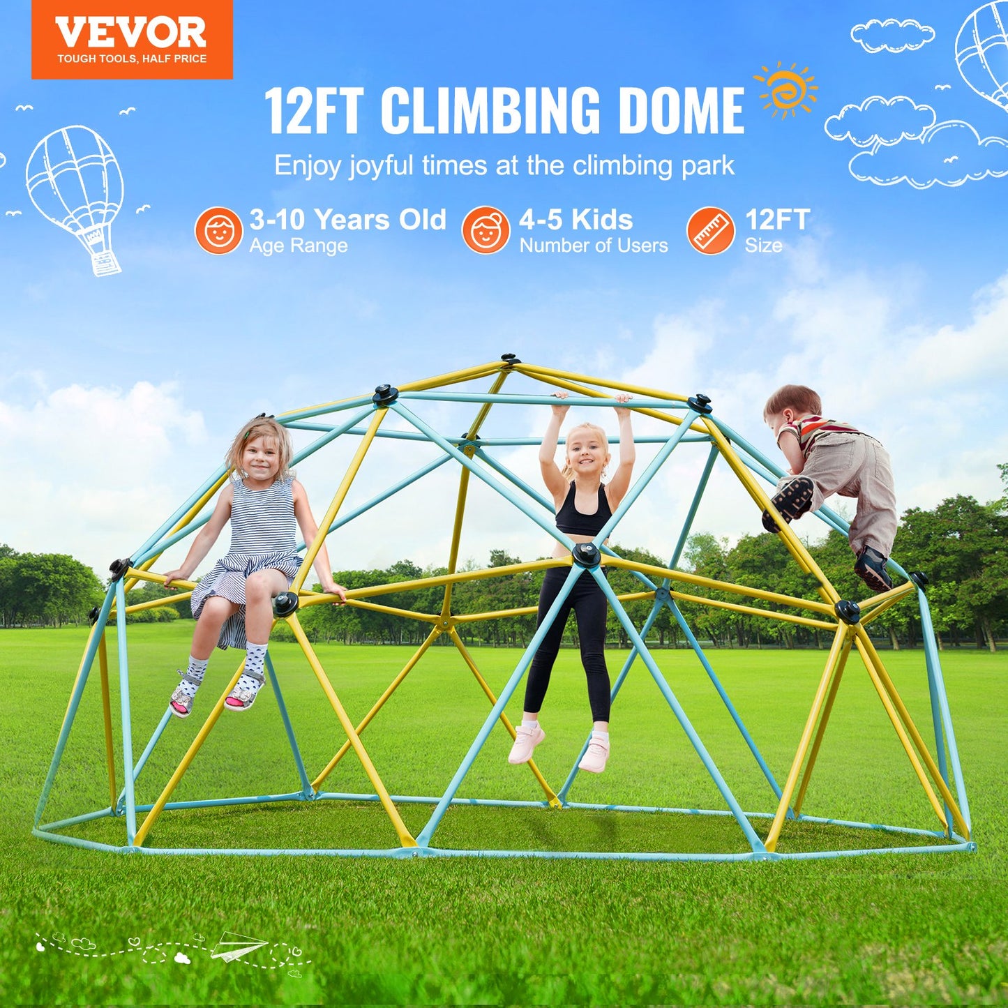 Jungle Gym, 12FT Geometric Dome Climber Play Center, For Kids 3 To 10 Years Old, Supports 750LBS   With Climbing Grip,