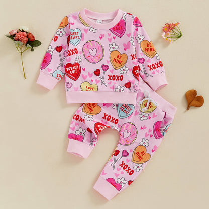 Infant/Toddler Love Floral Print Long Sleeve Pullover/Trousers Two-piece Set