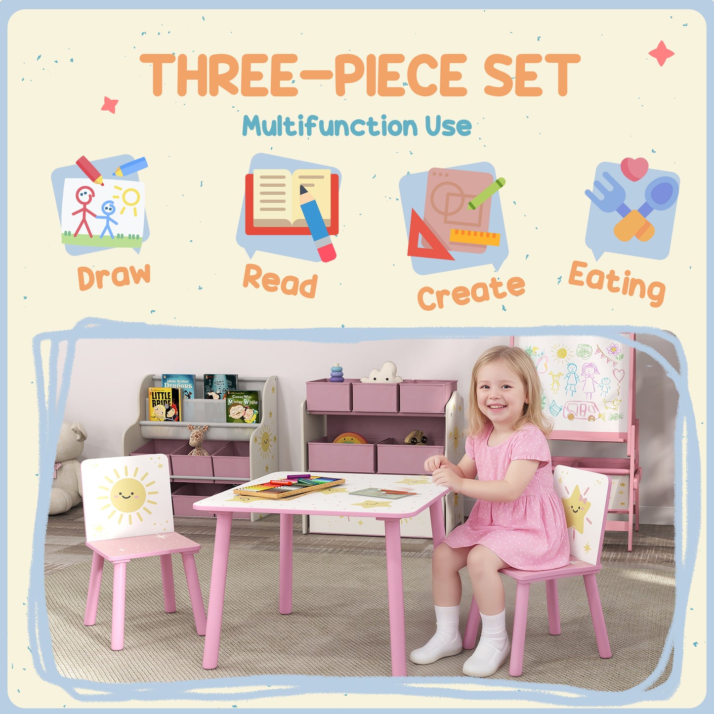 3-Piece Kids Toddler Table and Chair Set  Pink