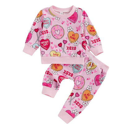 Infant/Toddler Love Floral Print Long Sleeve Pullover/Trousers Two-piece Set
