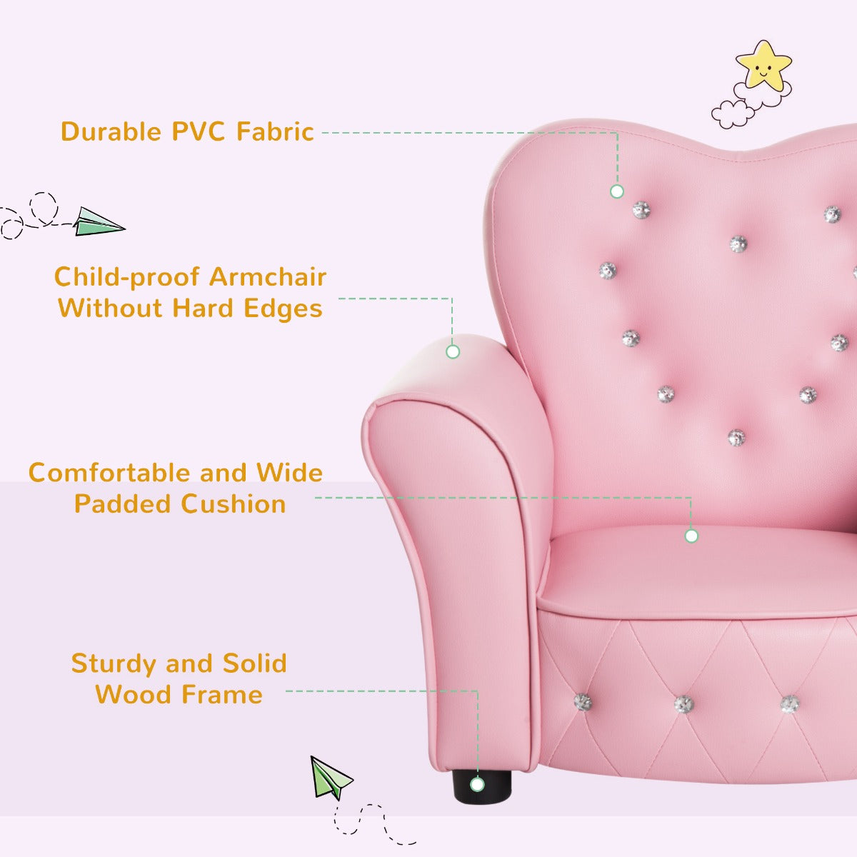 Kids/Toddler Tufted Upholstered Princess Chair with Diamond Decoration for Preschool Child, Pink