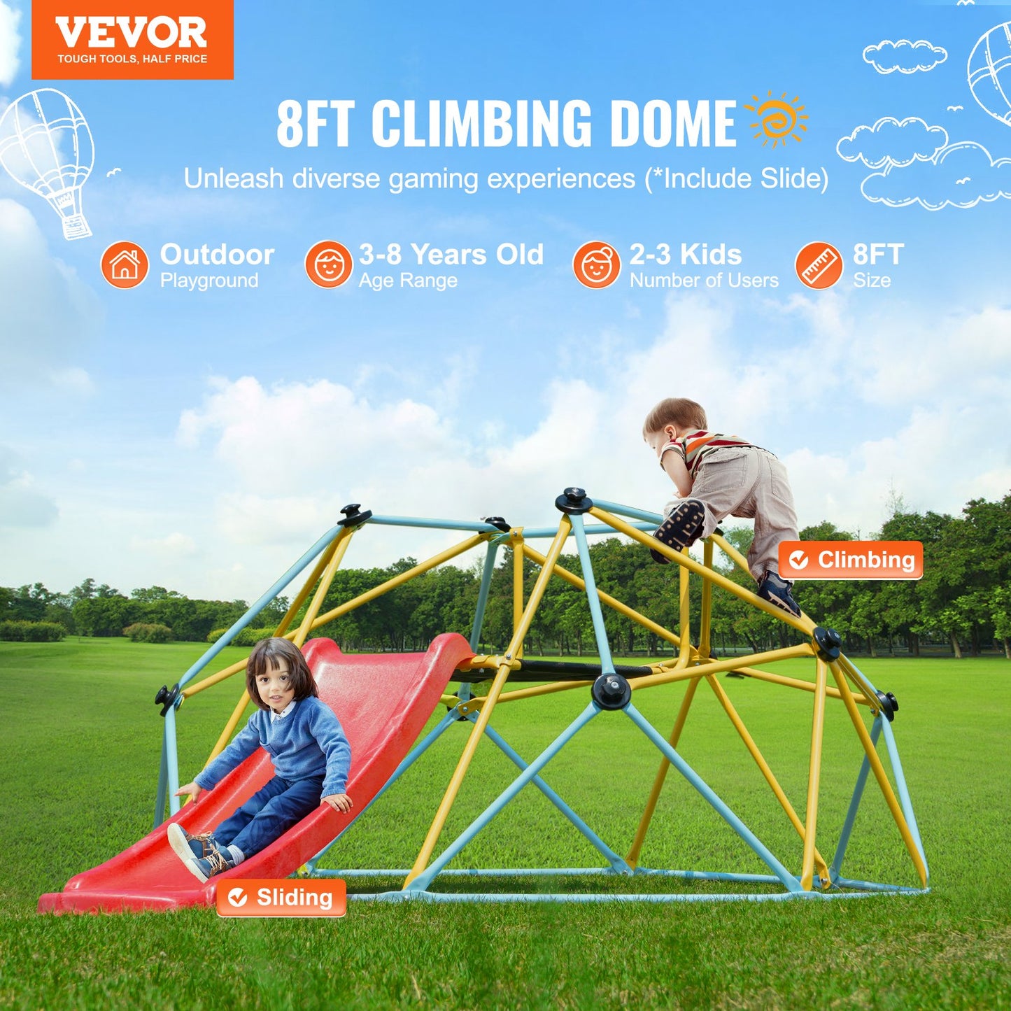 Jungle Gym: 8FT Geometric Dome Climber With Slide & Climbing Grip, For Kids 3 To 9 Years Old, Supports 600LBS And Easy Assembly