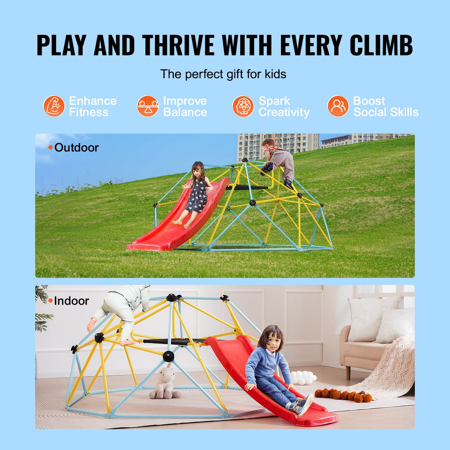 Jungle Gym: 8FT Geometric Dome Climber With Slide & Climbing Grip, For Kids 3 To 9 Years Old, Supports 600LBS And Easy Assembly