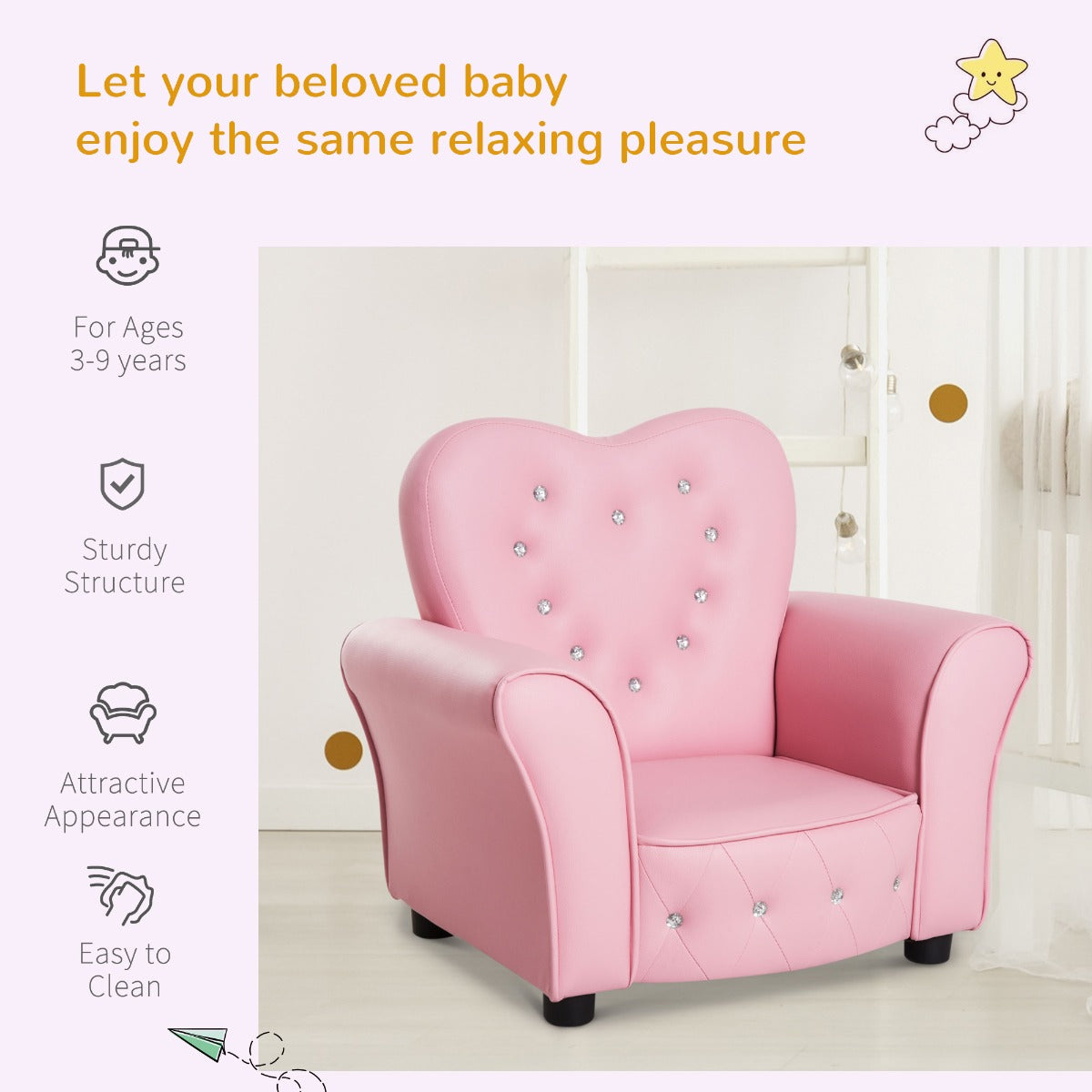 Kids/Toddler Tufted Upholstered Princess Chair with Diamond Decoration for Preschool Child, Pink
