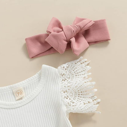 3Pcs Infant Girl Summer Ruffle Ribbed Romper