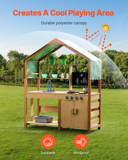 Mud Kitchen For Kids, Wooden Toy Play Kitchen Set With Accessories, Outdoor Toddler Grocery Store Playset, Pretend Play Kitchen With Stoves, Planter Boxes, Sink, Faucet, Blackboard, Cookware Pot